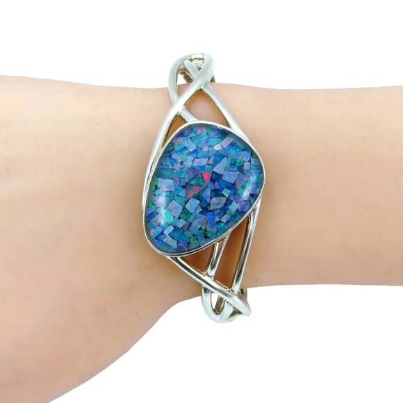 Vintage Sterling Silver WK Whitney Kelly Mosaic Opal Inlay Hinged Cuff Bracelet - Picture 1 of 9